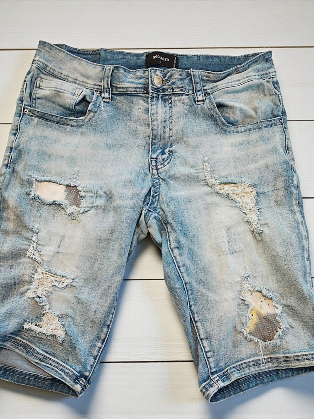 Men's GSquared Distressed Light Wash Denim Shorts with Embellished Details